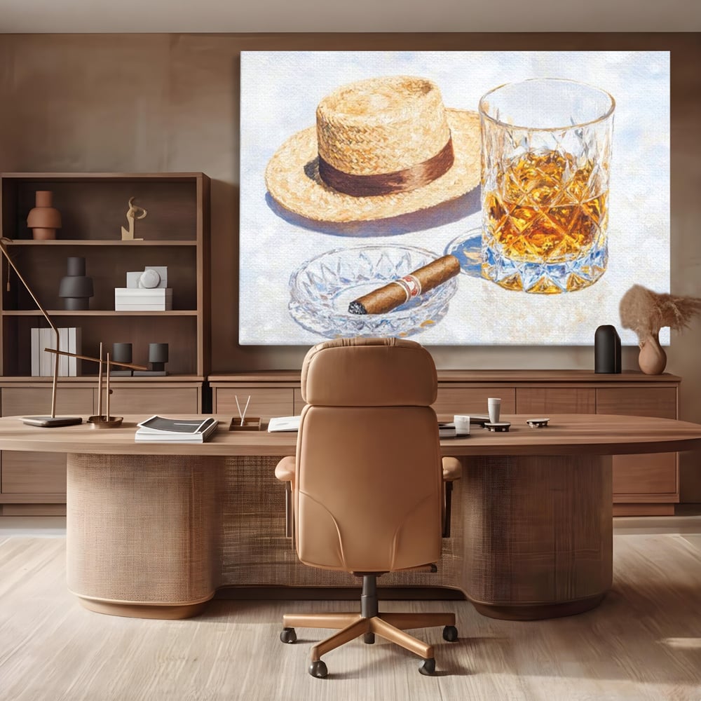Tablou canvas cu natura statica cu palarie si pahar de whisky, fara rama, pe sasiu de lemn, pe perete intr-un birou